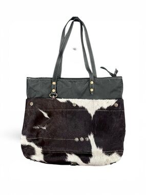 Myra Leather Black & White Cowhide Tote Bag with Leather Trim